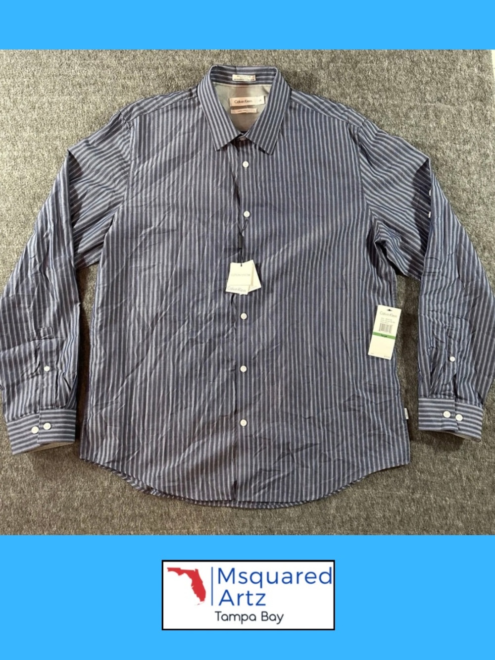 Calvin Klein Blue Striped Dress Shirt Cotton Tencel Long Sleeve Large NWT